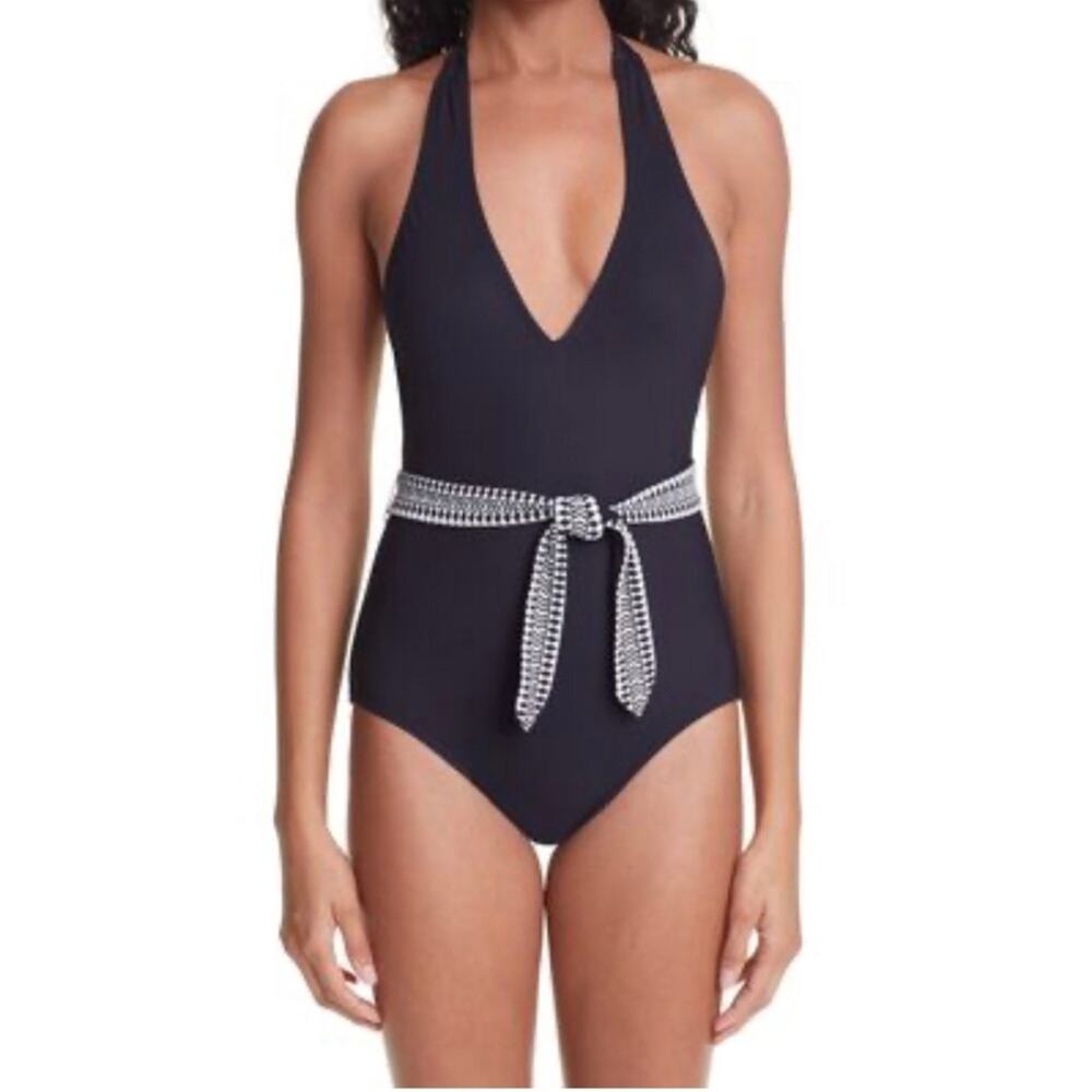 LEMLEM Women's Black Sofia Halter V-Neck Tie Waist One Piece Swimsuit